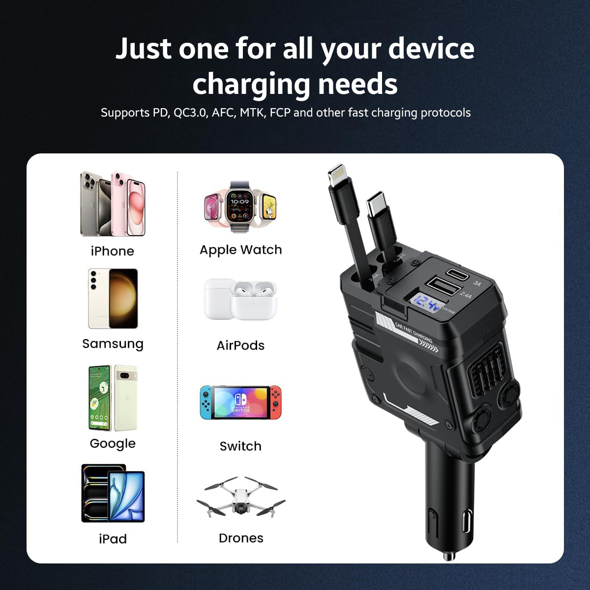 AMPERE 66W Retractable Car Charger - AMPERE_C4